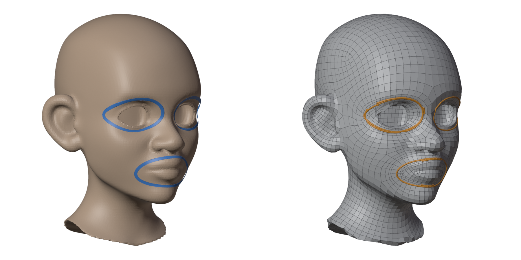 Left: a loop round each eye and the mouth. Right: the result