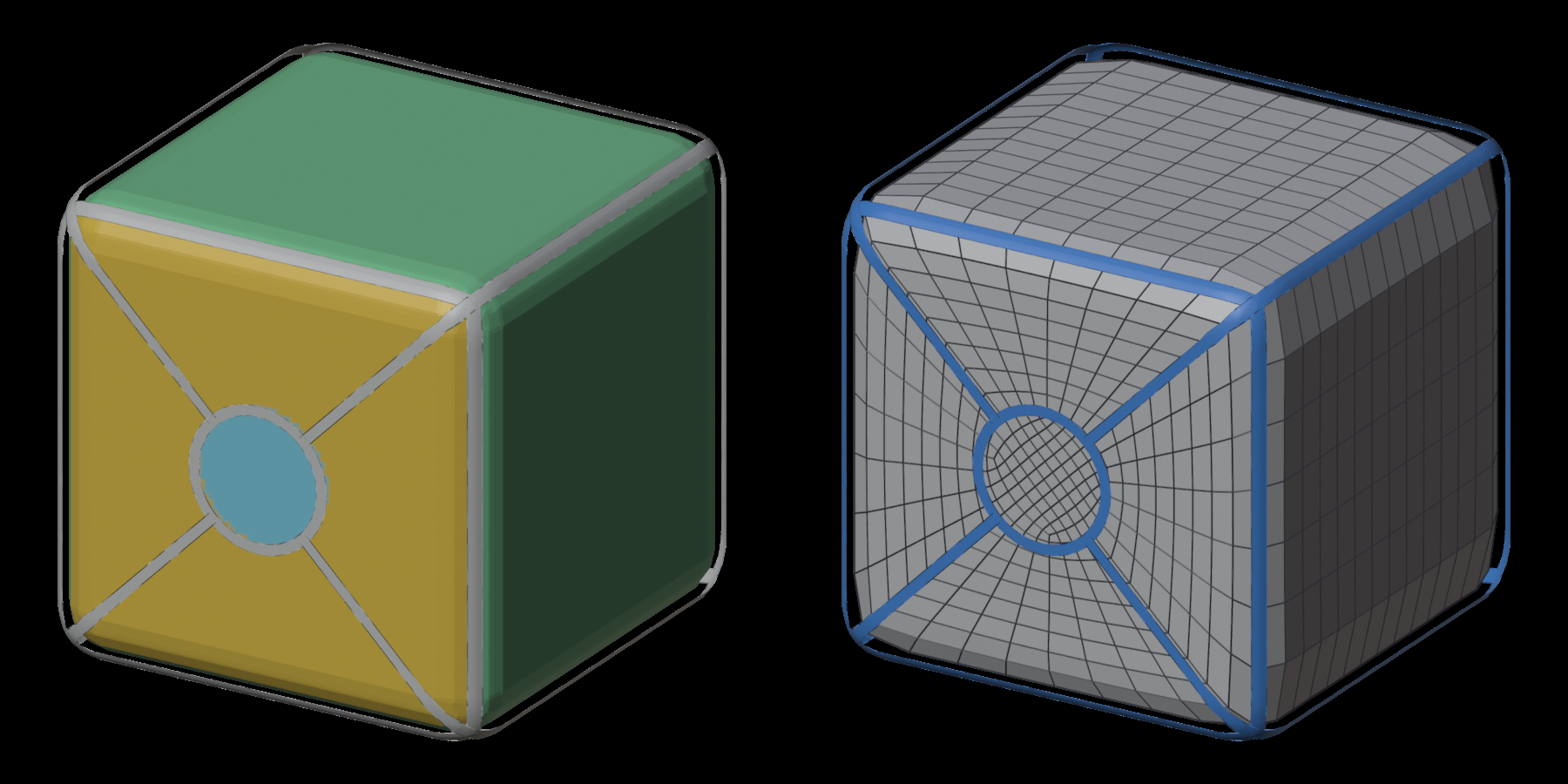 A box drawn as a network, its patches coloured; and remeshed
