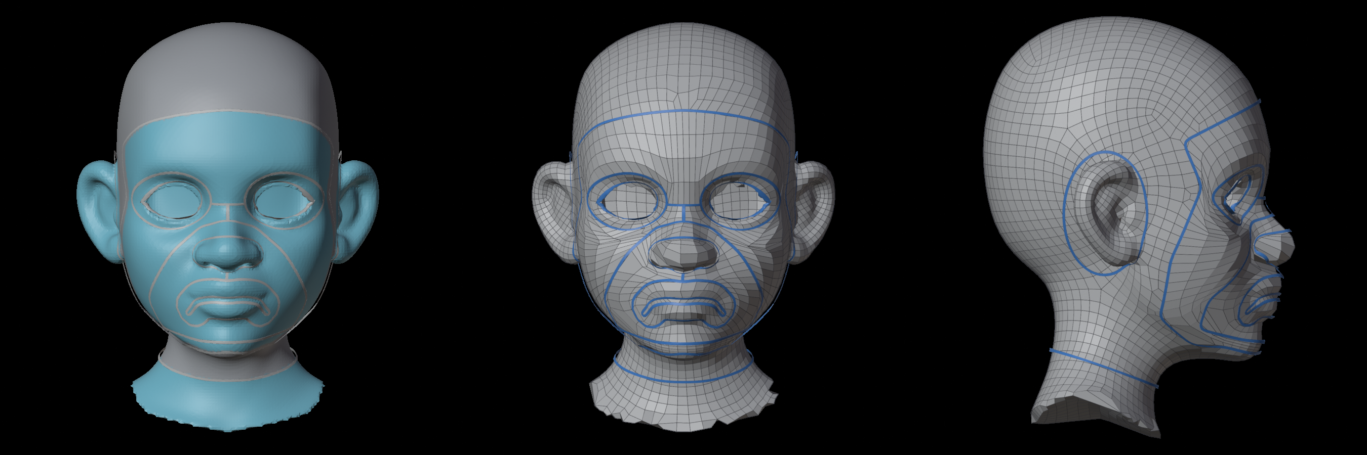 The face loops drawn, and remeshed: 4021 quads, the head round the face even and square