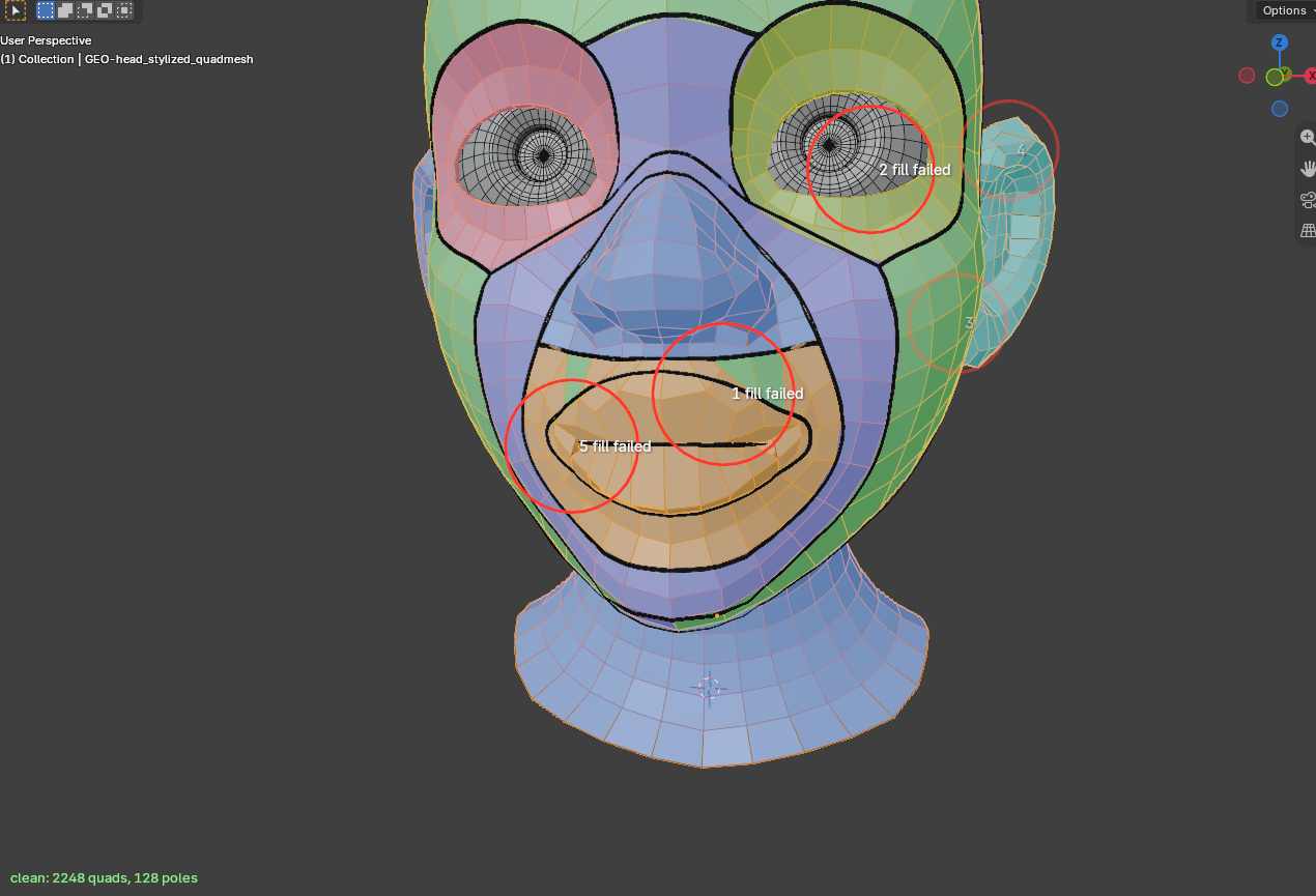 The face remeshed: clean, with red rings where the fill failed