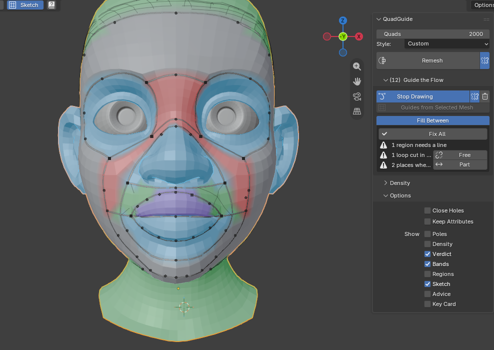 A face network while drawing: two red regions need a line, and the box lists the fixes